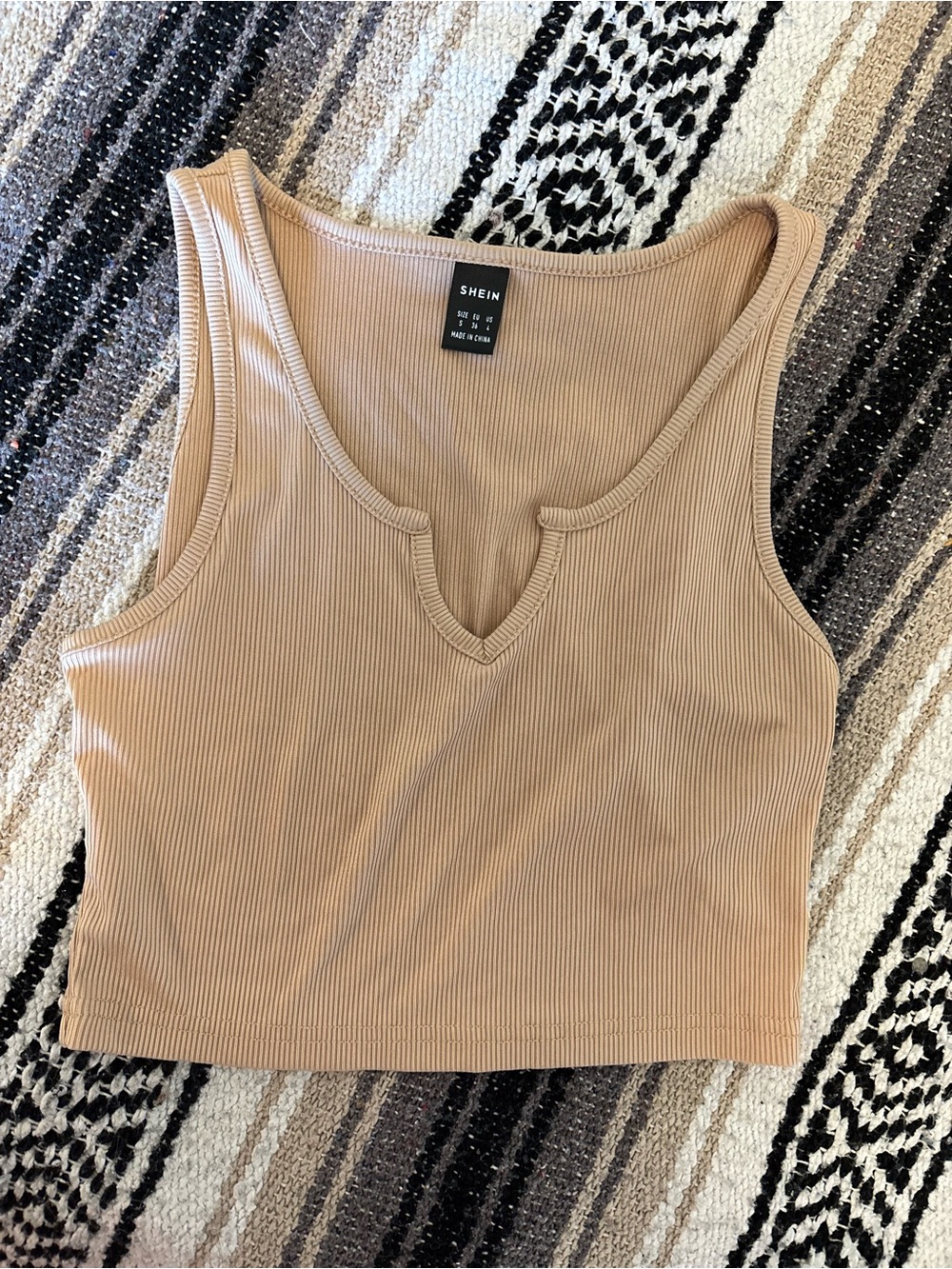 Beige Ribbed V-Notch Crop Tank